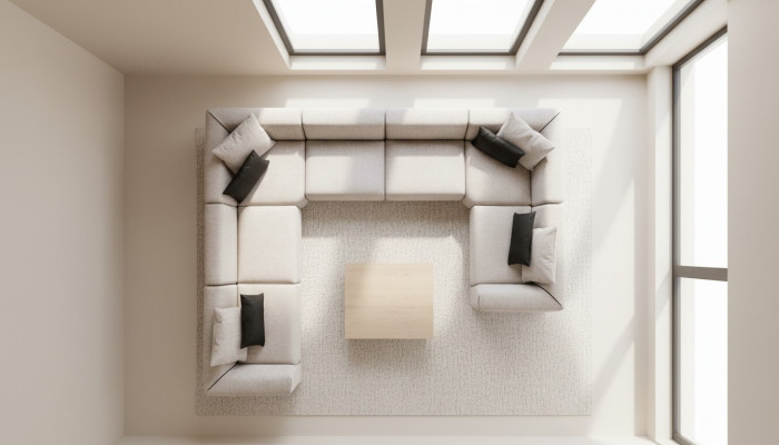 Sofá en forma de U de esquina, sofá de salón beige, sofá seccional de tela en forma de L.