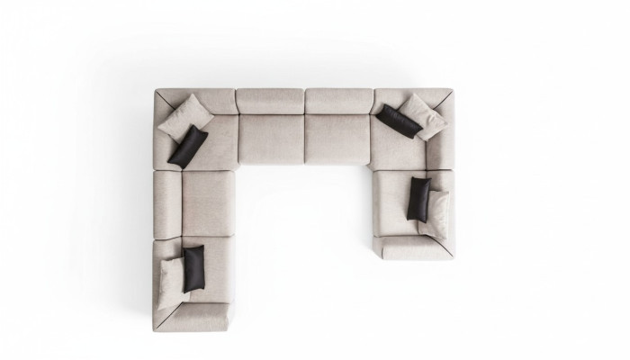 Sofá en forma de U de esquina, sofá de salón beige, sofá seccional de tela en forma de L.