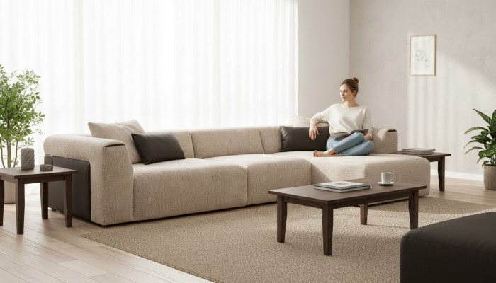 Moderno sofá de esquina beige de lujo, sofás tapizados modernos nuevos