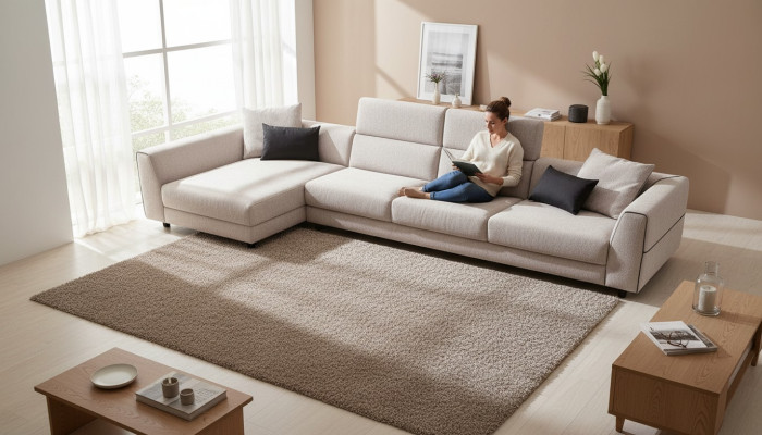 Sofá esquinero en forma de L de color beige para sala de estar, diseño de tela moderno.