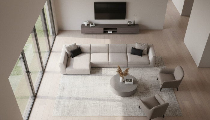 Sofá esquinero en forma de L de color beige para sala de estar, diseño de tela moderno.