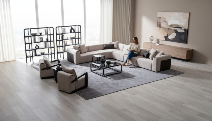 Conjunto moderno de sofá en forma de L con sillón, sofá esquinero gris de tela.
