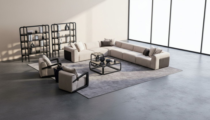 Conjunto moderno de sofá en forma de L con sillón, sofá esquinero gris de tela.