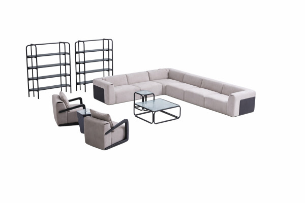 Conjunto moderno de sofá en forma de L con sillón, sofá esquinero gris de tela.