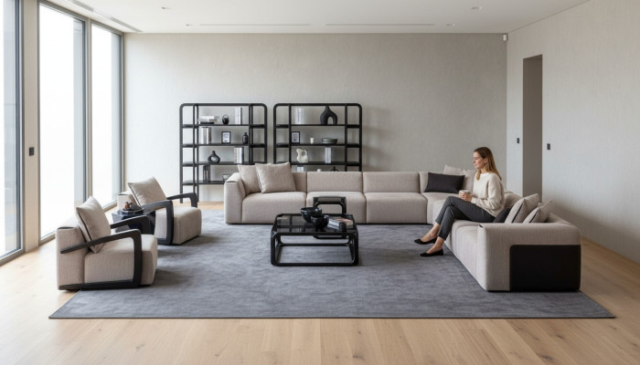Juego de sofás de lujo con sofá en forma de L, grupo de asientos, salón de textil nuevo.