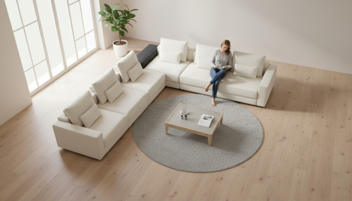 Sofá en forma de L, combinación de sala de estar con sofá esquinero, grupo de sofás en forma de L de color blanco.