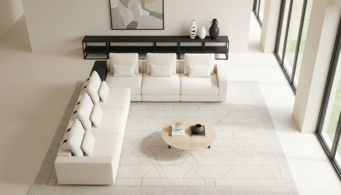 Sofá en forma de L, combinación de sala de estar con sofá esquinero, grupo de sofás en forma de L de color blanco.