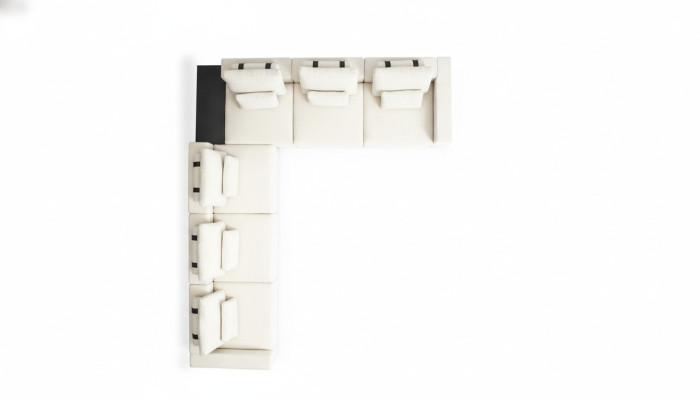 Sofá en forma de L, combinación de sala de estar con sofá esquinero, grupo de sofás en forma de L de color blanco.