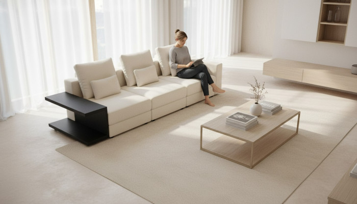 Sofá de sala de estar blanco de lujo, muebles tapizados de cuatro plazas de estilo moderno.