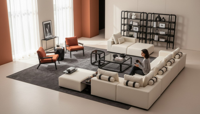 Moderna sala de estar de color blanco, sofá de esquina, conjunto de muebles de sala, sillón de 4 piezas, sofá de tela.