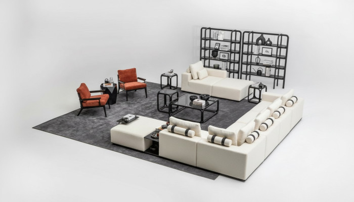 Moderna sala de estar de color blanco, sofá de esquina, conjunto de muebles de sala, sillón de 4 piezas, sofá de tela.
