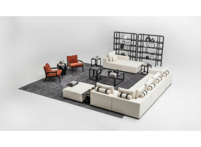 Moderna sala de estar de color blanco, sofá de esquina, conjunto de muebles de sala, sillón de 4 piezas, sofá de tela.