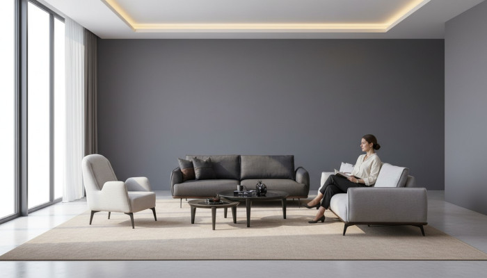 Conjunto de sofá de tres plazas y sillón diseño moderno, tapizado en textil.