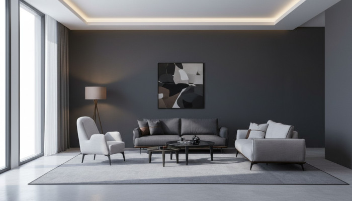 Conjunto de sofá de tres plazas y sillón diseño moderno, tapizado en textil.