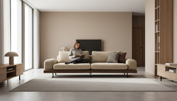 Sofá beige de lujo de tres plazas, estilo moderno, sofá de salón, muebles tapizados.