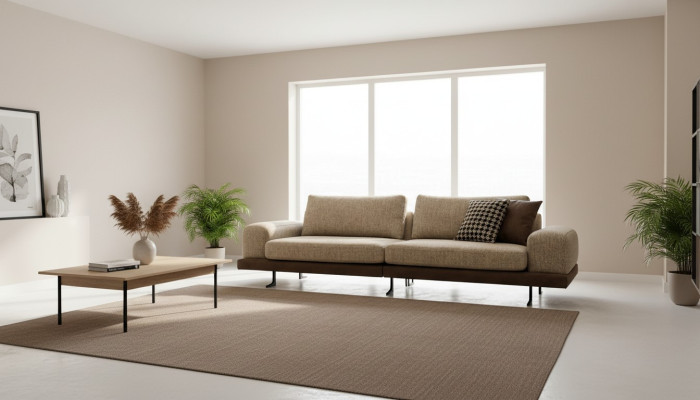 Sofá beige de lujo de tres plazas, estilo moderno, sofá de salón, muebles tapizados.