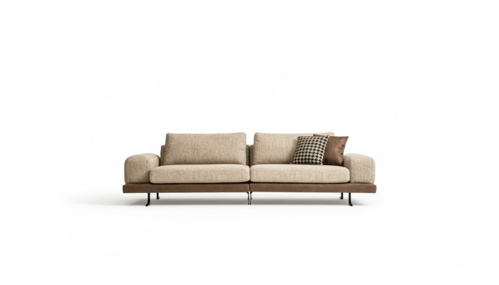 Sofá beige de lujo de tres plazas, estilo moderno, sofá de salón, muebles tapizados.