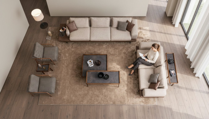 Gran conjunto de asientos acolchados de cinco plazas, tres plazas y sillón, juego de muebles de sala de estar.