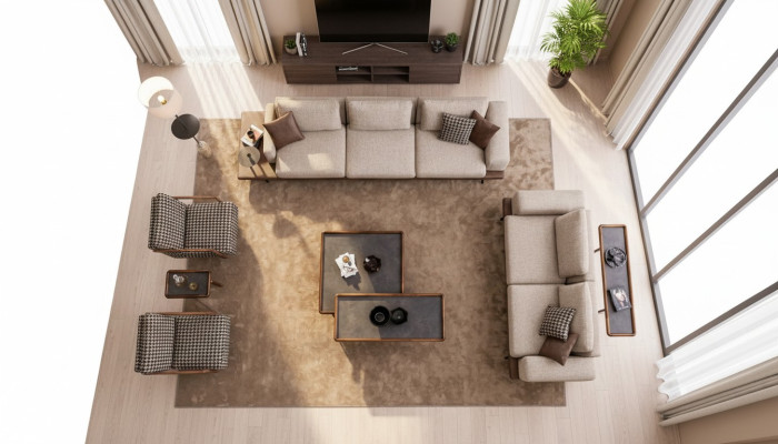 Gran conjunto de asientos acolchados de cinco plazas, tres plazas y sillón, juego de muebles de sala de estar.