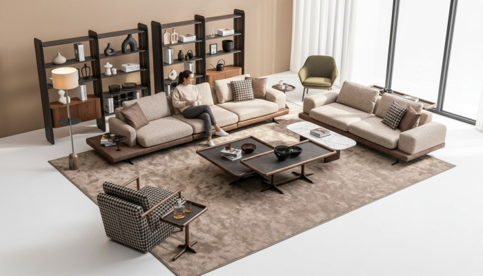 Marrón juego de sofá de tela Sala de estar Sofá de tres plazas Muebles de madera de lujo