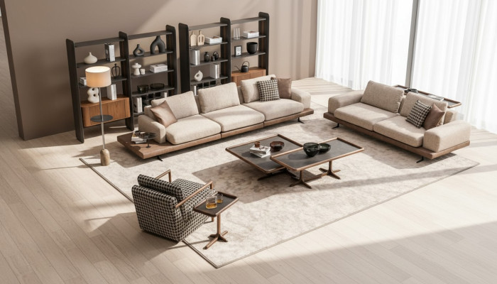 Marrón juego de sofá de tela Sala de estar Sofá de tres plazas Muebles de madera de lujo