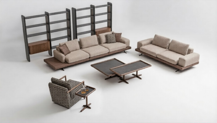 Marrón juego de sofá de tela Sala de estar Sofá de tres plazas Muebles de madera de lujo
