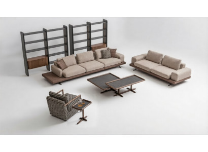 Marrón juego de sofá de tela Sala de estar Sofá de tres plazas Muebles de madera de lujo