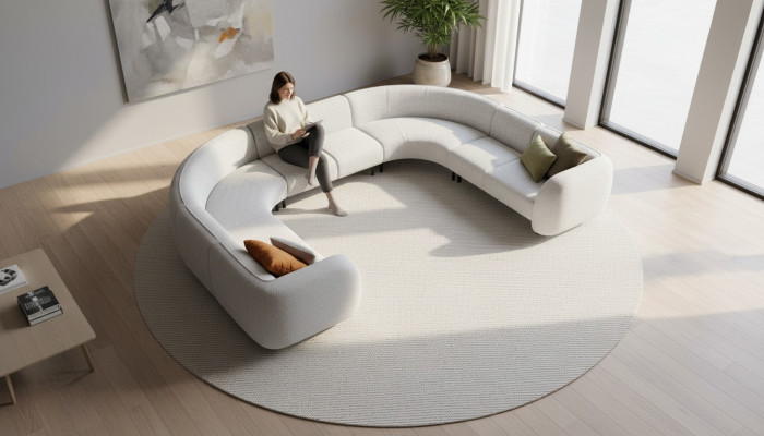 Sofá de esquina en forma de L, diseño de sofá acolchado de estilo textil gris para villas.