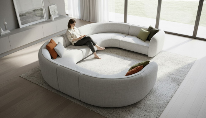 Gran conjunto de sala de estar de Sofá en forma de U de gran tamaño de color gris, lujoso y moderno.