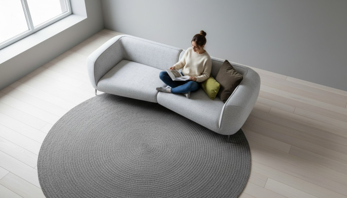 Sofá gris de diseño, muebles tapizados, sala de estar moderna, de cuatro plazas, nuevo.