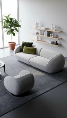 Sofá gris de tres plazas con sillón, conjunto de tapicería de diseño de lujo.