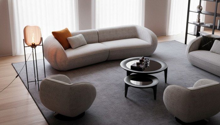 Conjunto de sofá de lujo gris de cuatro plazas, sillón de lujo, sofá de tela.