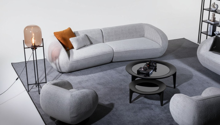 Conjunto de sofá de lujo gris de cuatro plazas, sillón de lujo, sofá de tela.