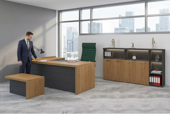 Conjunto de muebles de oficina: escritorio, armarios, mesa de centro, mobiliario de oficina.