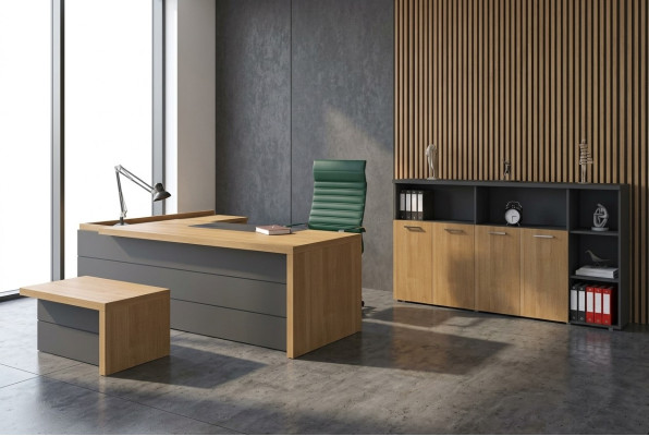 Conjunto de muebles de oficina: escritorio, armarios, mesa de centro, mobiliario de oficina.