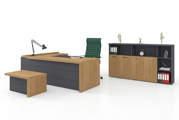 Conjunto de muebles de oficina: escritorio, armarios, mesa de centro, mobiliario de oficina.