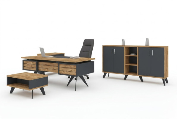 Gran juego de muebles de oficina para una gran oficina con escritorio, cómoda y mesa.