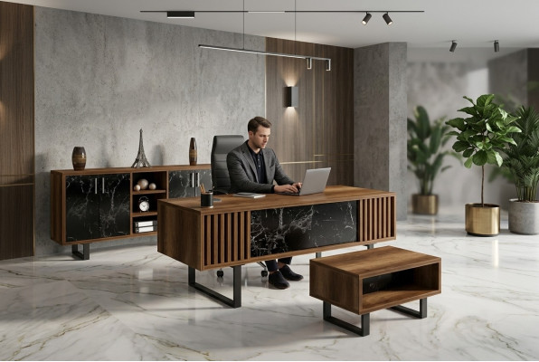 Escritorio de oficina con conjunto de muebles con mesa de mármol, armario de oficina de 4 piezas.