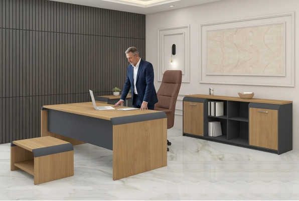 Gran set de oficina con escritorio, cómoda y mesa de centro completo.