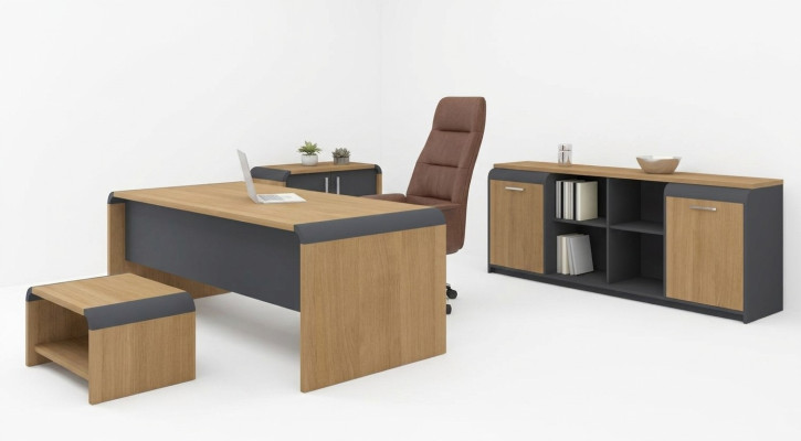 Gran set de oficina con escritorio, cómoda y mesa de centro completo.