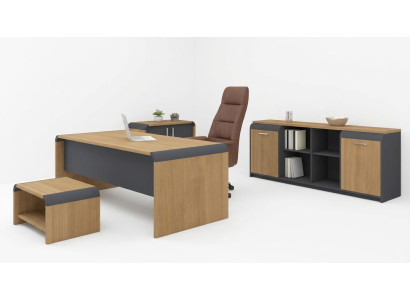 Gran set de oficina con escritorio, cómoda y mesa de centro completo.
