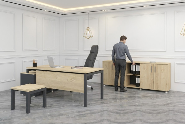Conjunto de oficina de lujo: muebles modernos de madera, escritorio en esquina, armario, mesa de centro.