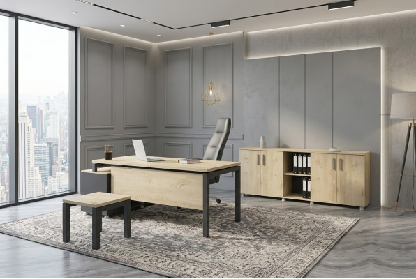 Conjunto de oficina de lujo: muebles modernos de madera, escritorio en esquina, armario, mesa de centro.