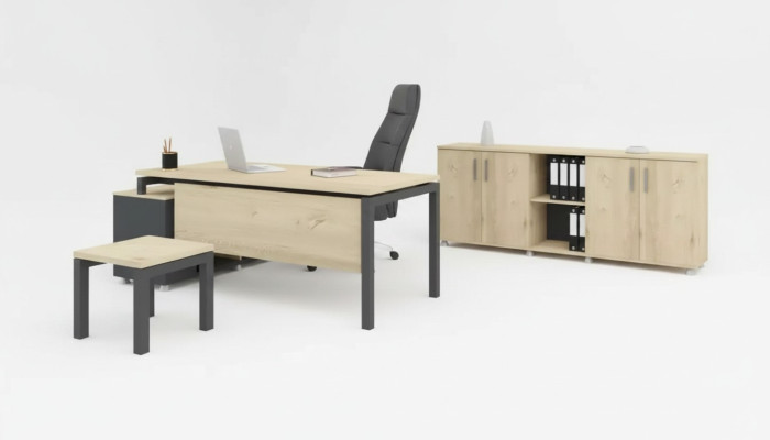Conjunto de oficina de lujo: muebles modernos de madera, escritorio en esquina, armario, mesa de centro.