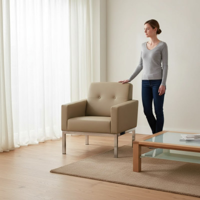 Silla Muebles de oficina Estudio Beige Asiento Madera Muebles Sillón tapizado