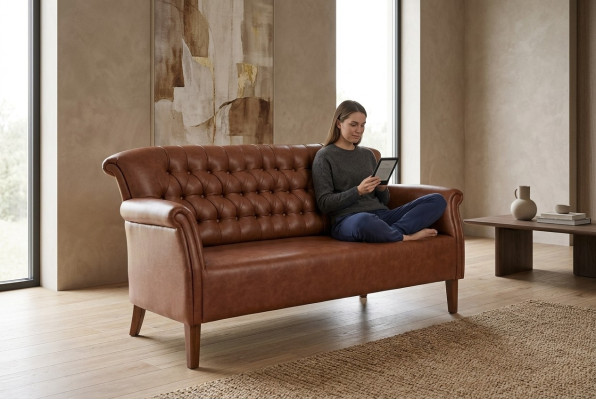 Sofá Chesterfield de tres plazas de lujo marrón, muebles modernos.