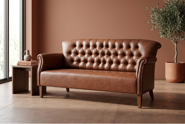 Sofá Chesterfield de tres plazas de lujo marrón, muebles modernos.