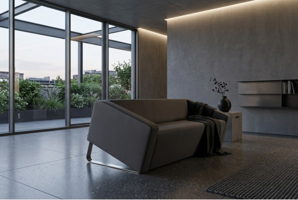 Elegante sofá de oficina de tres plazas tapizado en tela para la sala de estar.
