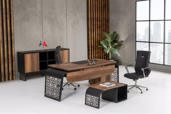 Moderno escritorio de esquina de oficina de madera, armario de oficina, archivador, mesa de centro.