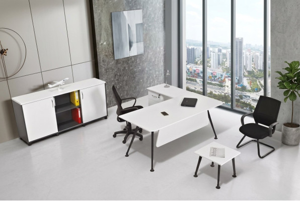 Escritorio de esquina blanco, muebles de oficina, armario de oficina, mesa de centro, mesa 3 piezas.
